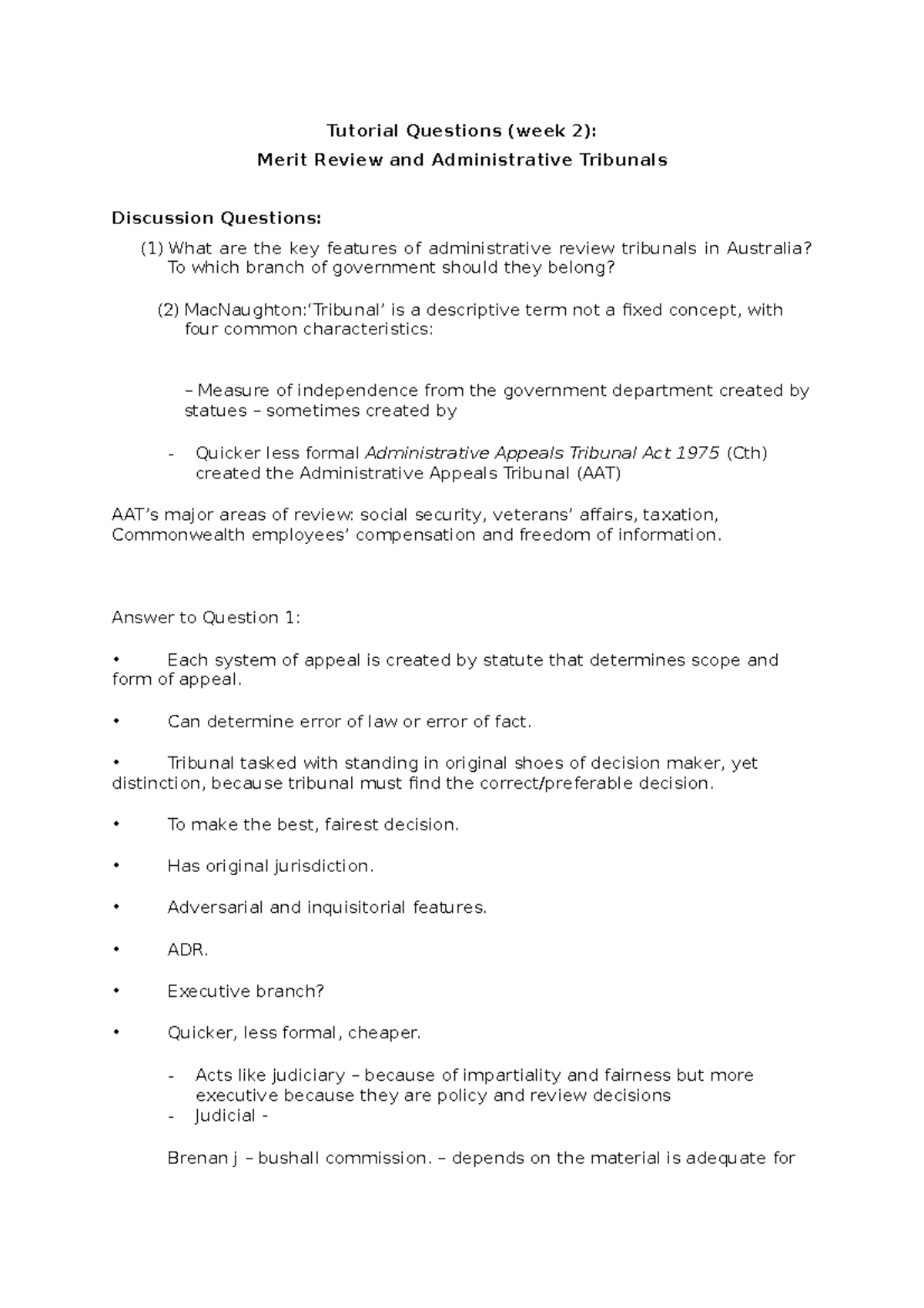 Week 2 Tutorial notes Tutorial Questions (week 2) Merit Review and Administrative Tribunals