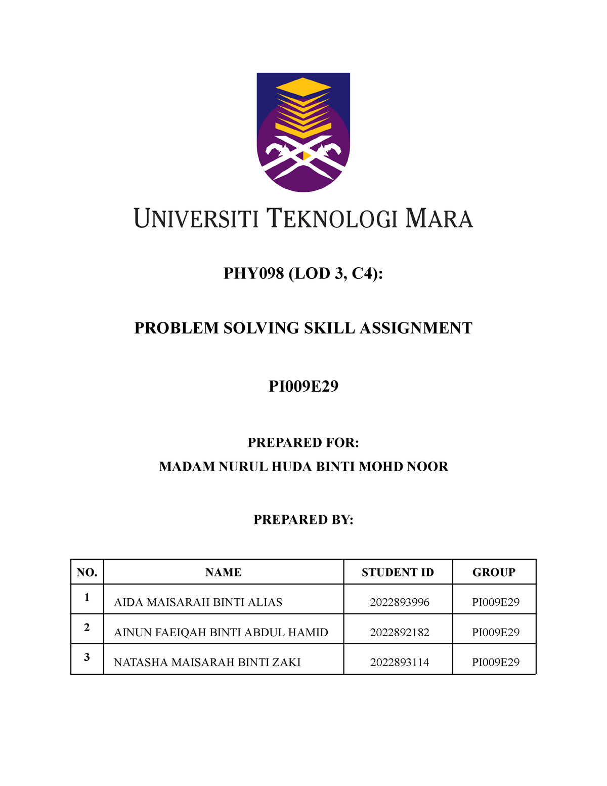 problem solving assignment phy098