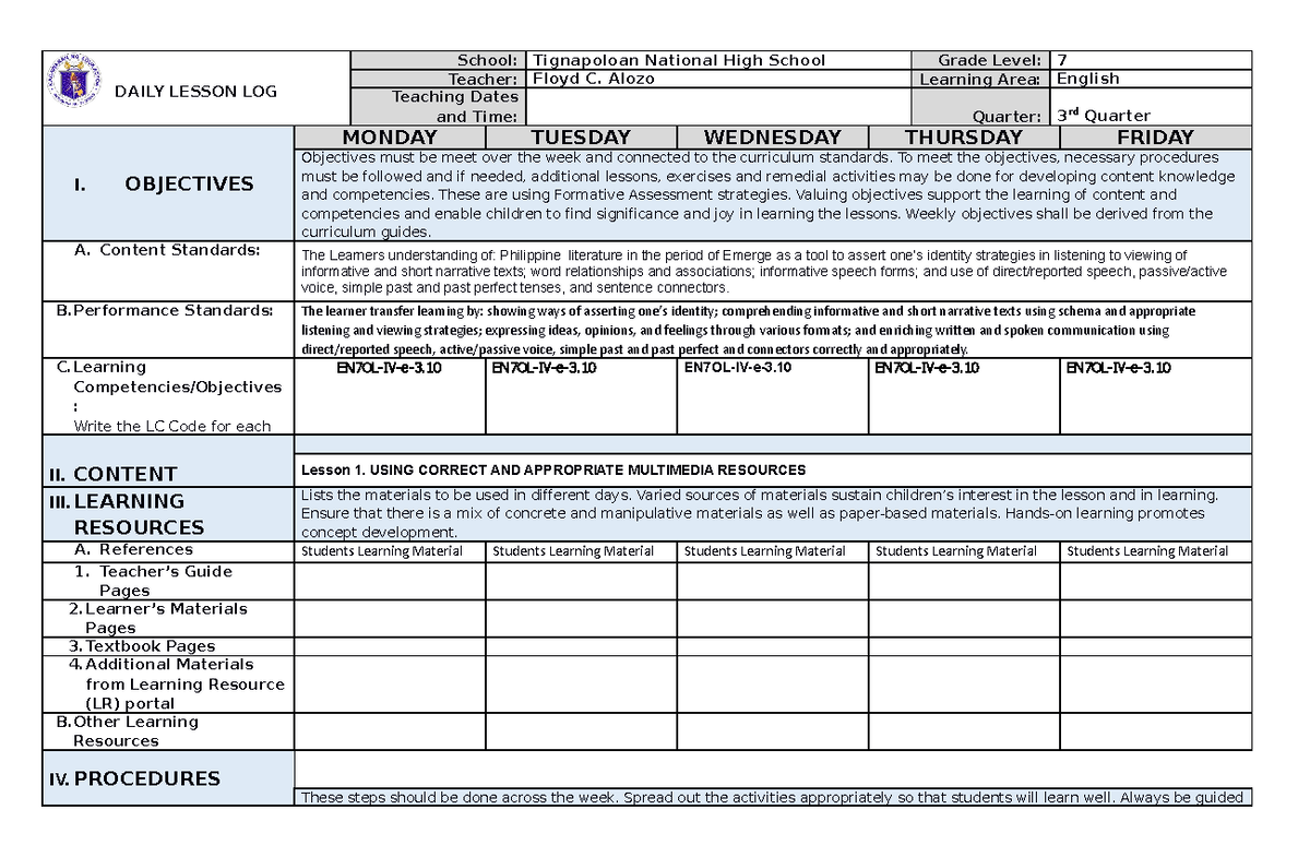 DLL3Q-ENGL7 - LITERATURE - DAILY LESSON LOG School: Tignapoloan ...