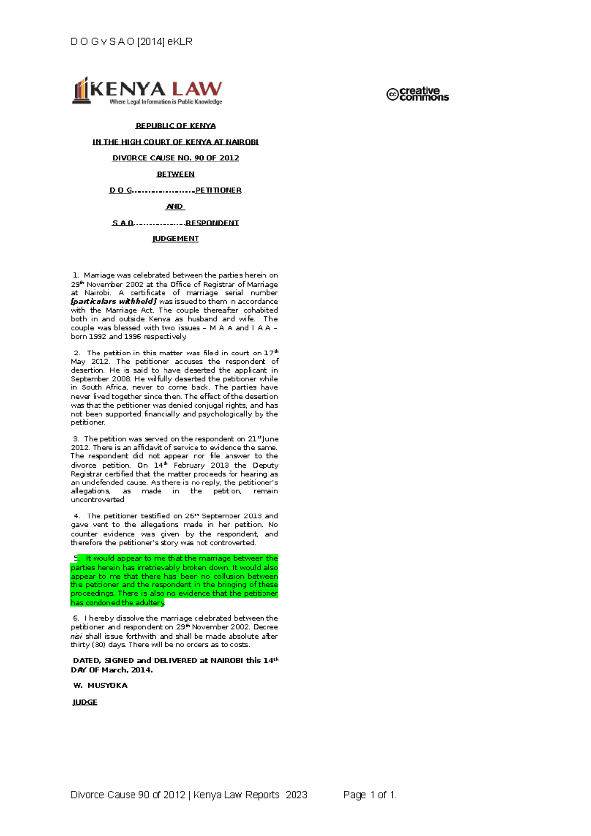 Divorce Cause 90 of 2012 D O G v S A O [2014] eKLR REPUBLIC OF KENYA