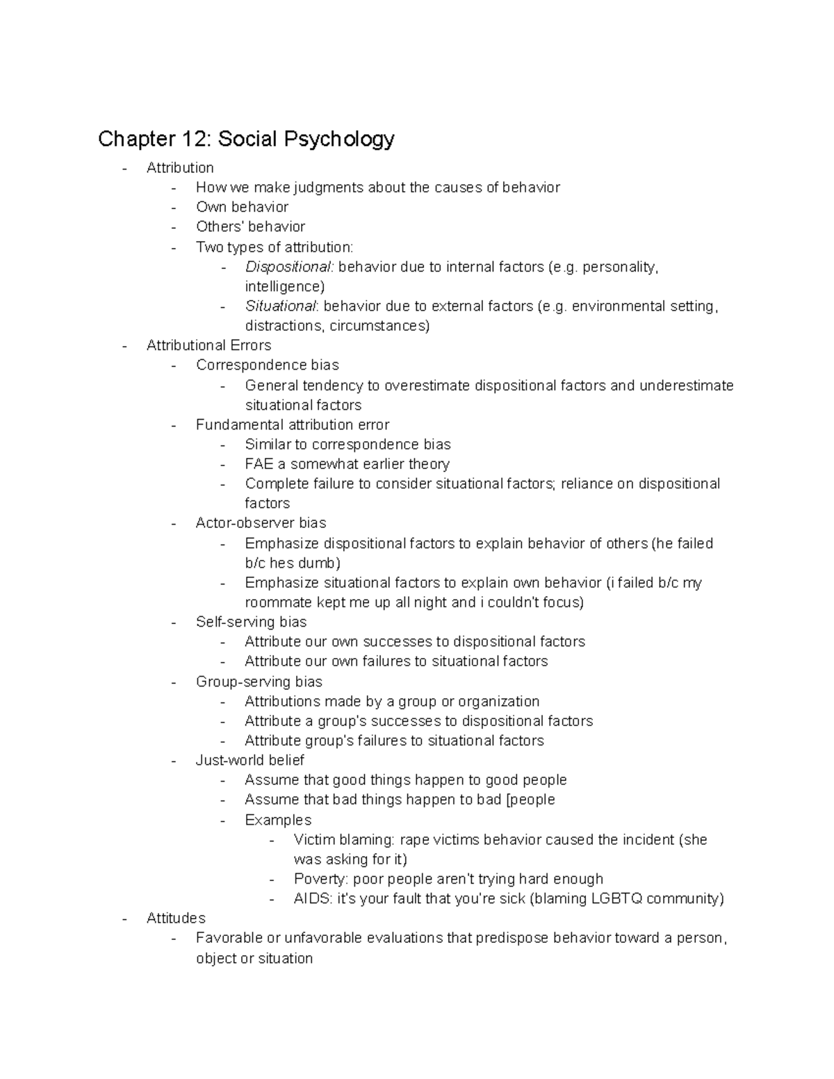 Psych Chapter 12 Notes - Chapter 12: Social Psychology Attribution How ...