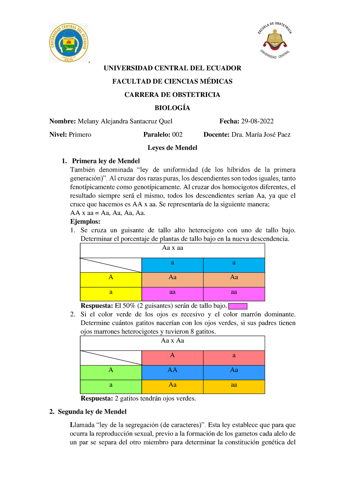 Ejercicios Leyes De Mendel - UNIVERSIDAD CENTRAL DEL ECUADOR FACULTAD ...