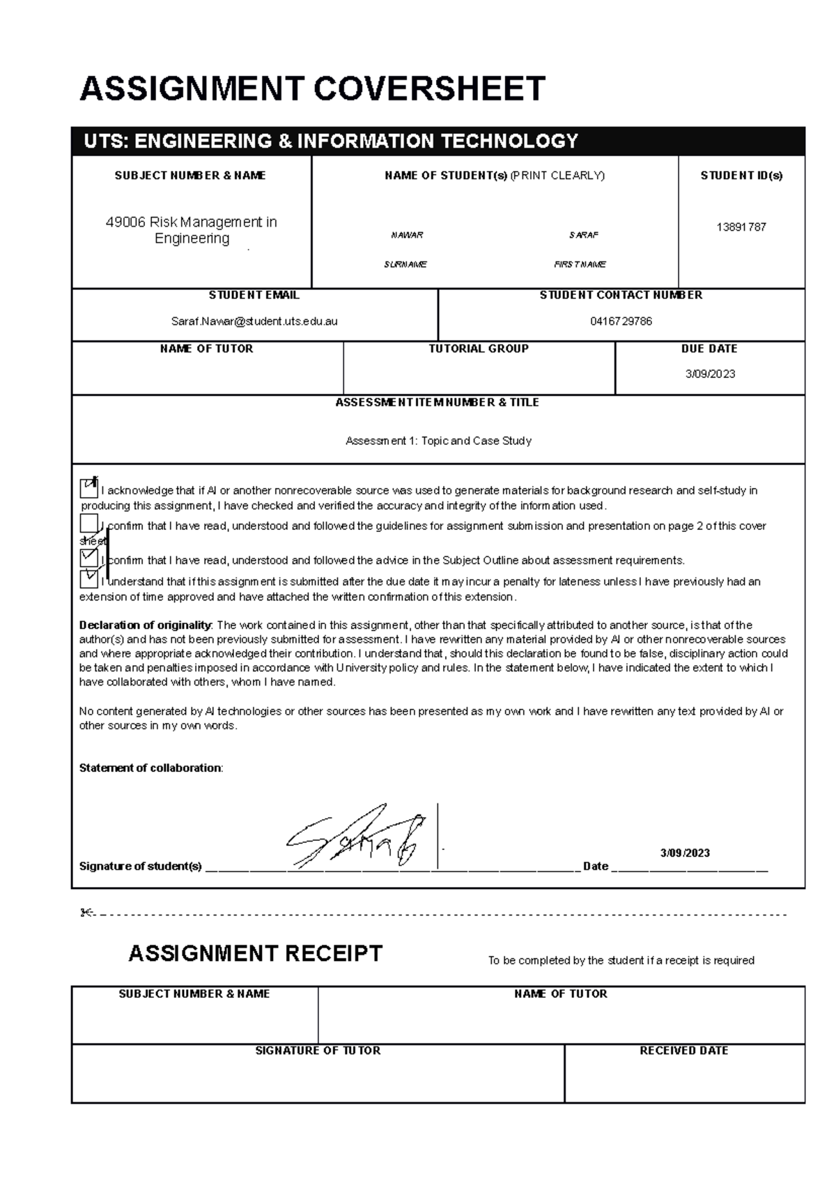 Assessment 1 - Risk Management - ASSIGNMENT COVERSHEET UTS: ENGINEERING ...
