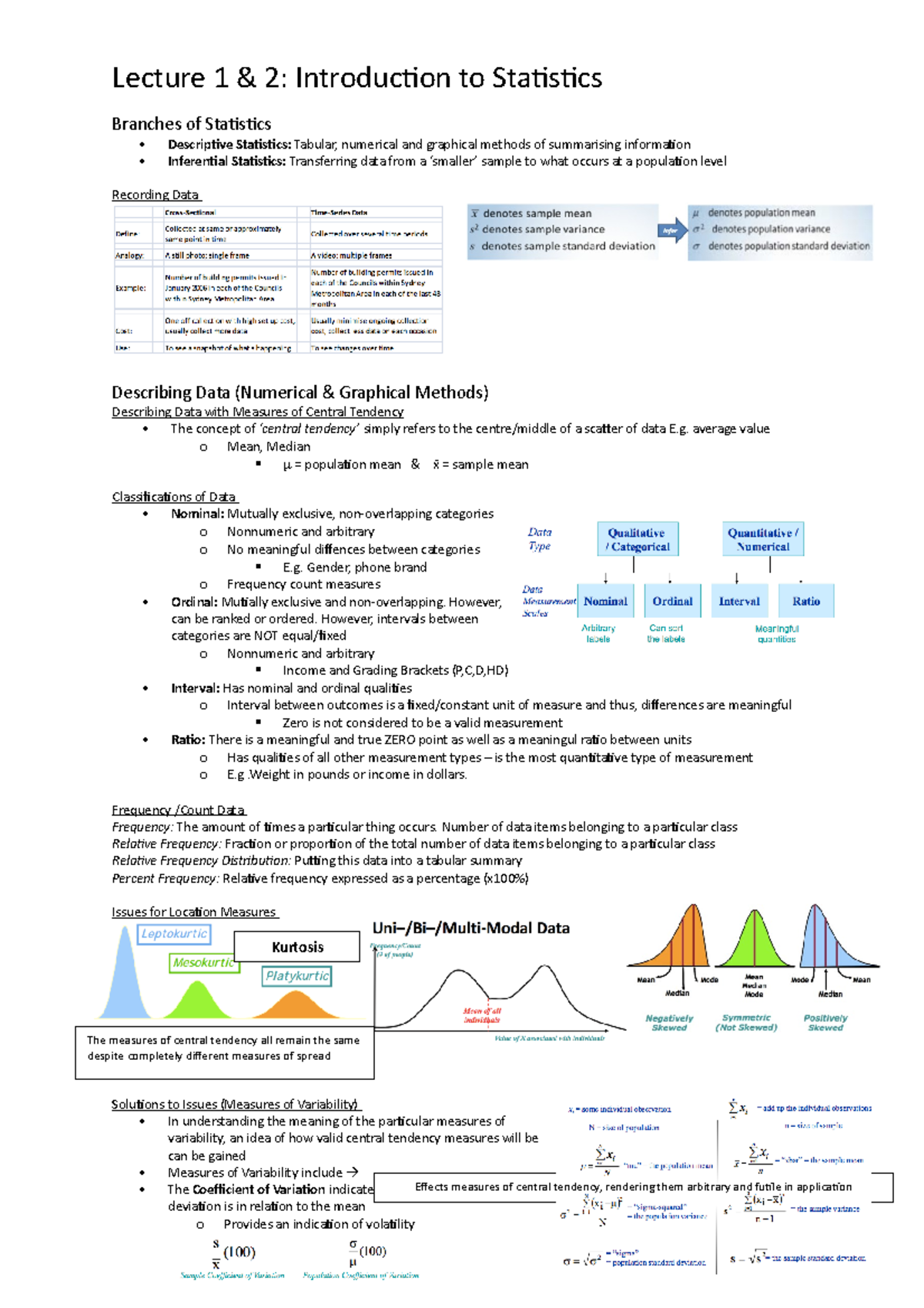 Stats notes with value symbols - Lecture 1 & 2: Introduction to ...