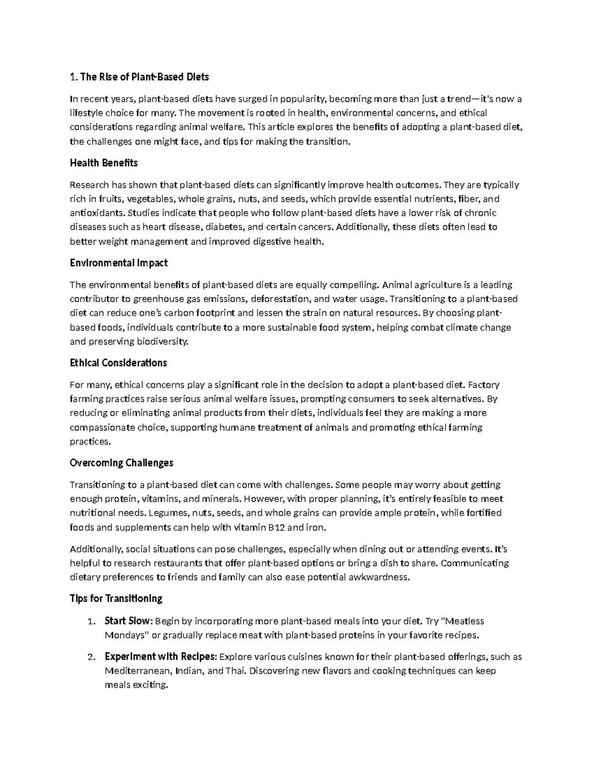 Article 9 - The Rise of Plant-Based Diets In recent years, plant-based ...
