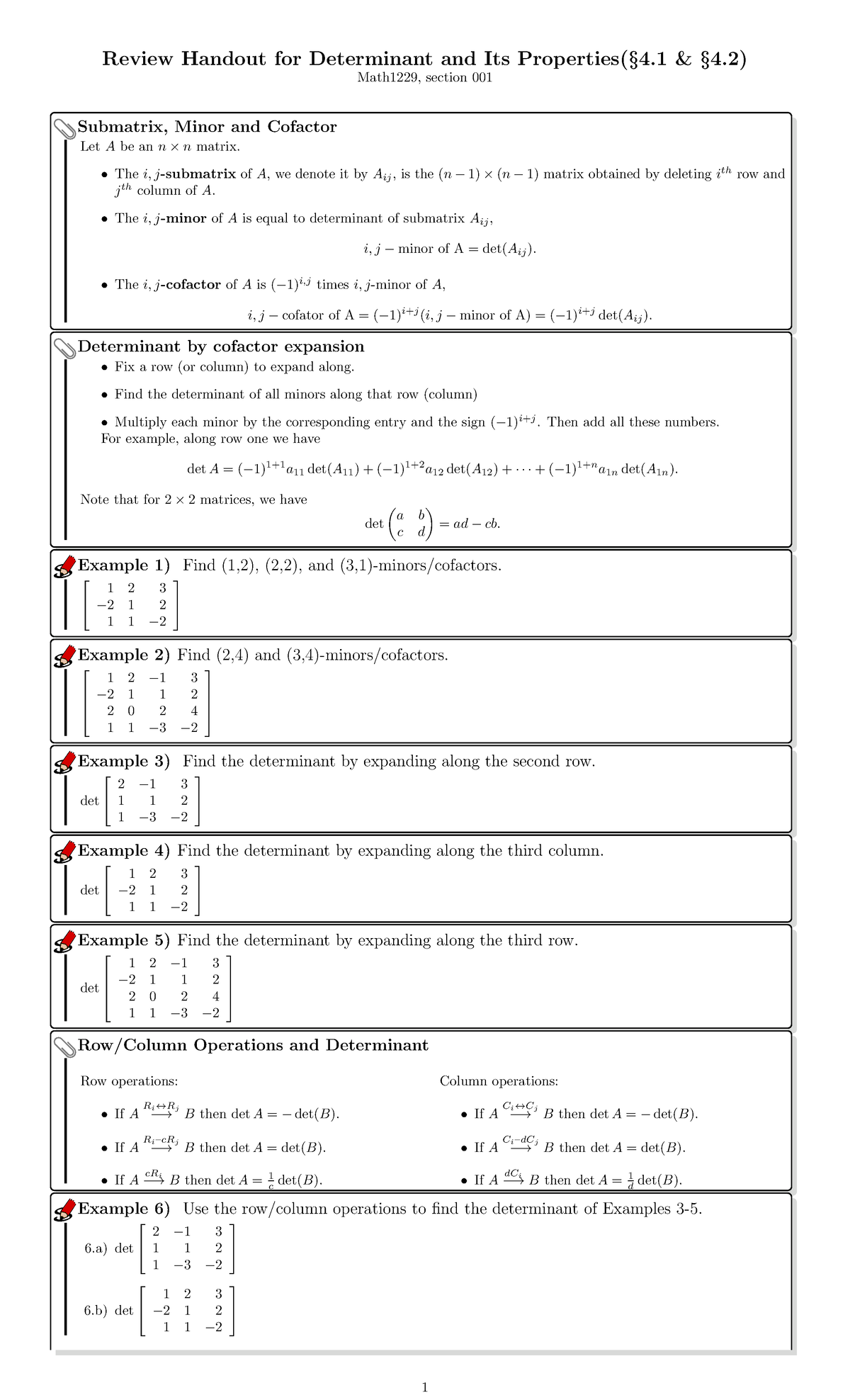 Handout Of Properties Of Determinant - Review Handout For Determinant 