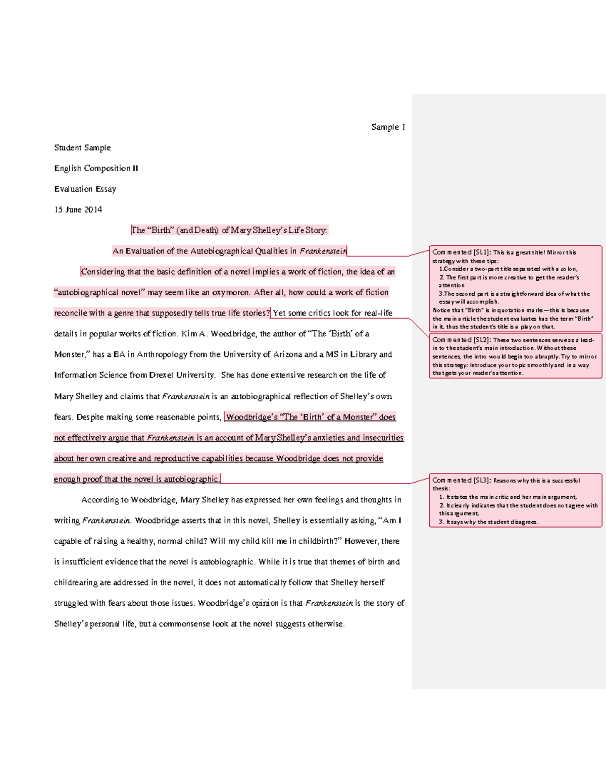 Evaluation Sample 1 - Student Sample English Composition II Evaluation ...