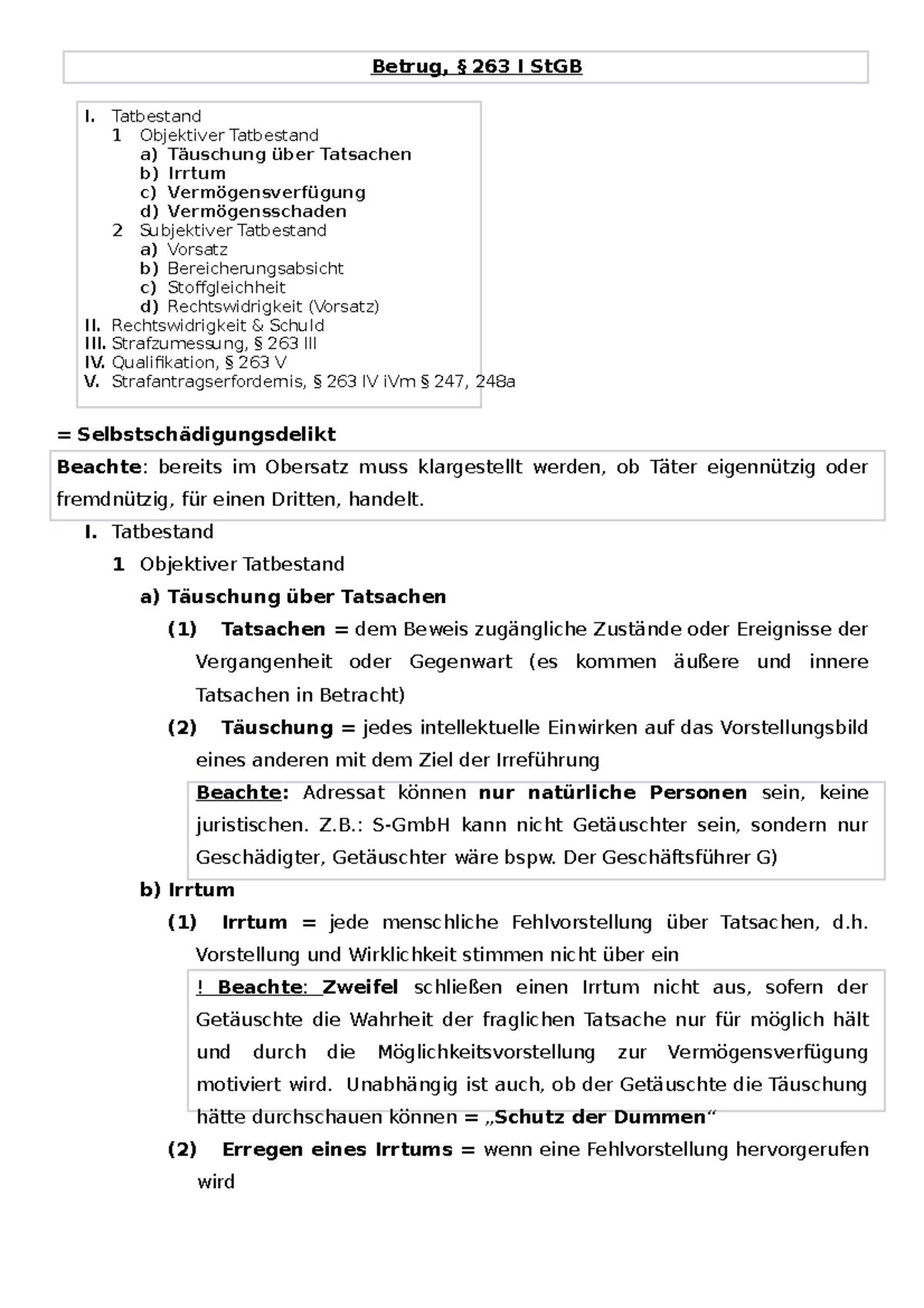 Betrug 263 Stgb Schema § 263 I, Betrug - Kurze Zusammenfassung der wichtigsten Informationen
