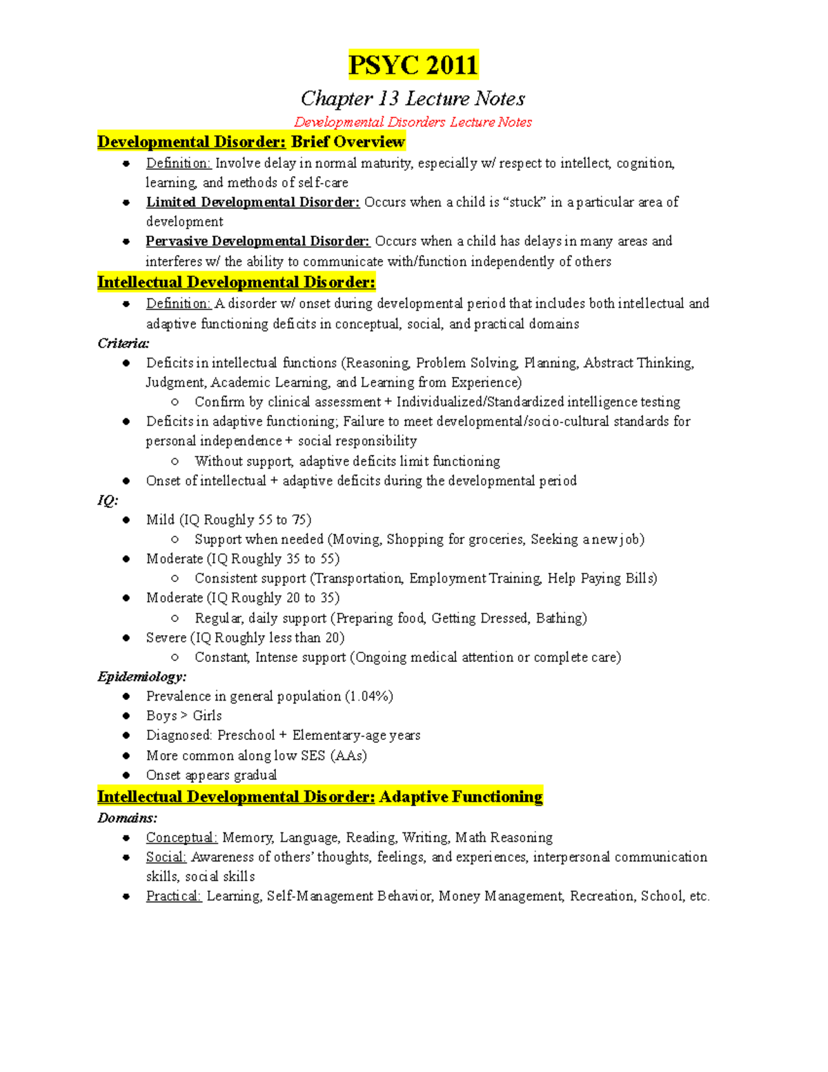 PSYC 2011 Developmental Disorders Lecture Notes - Chapter 13 Lecture ...