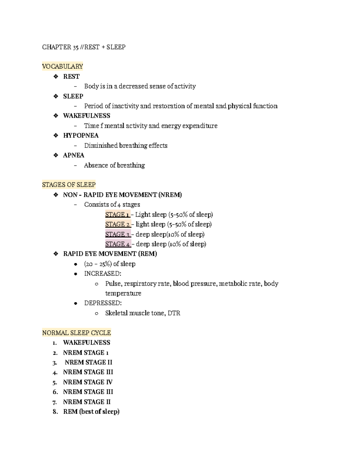 Chapter 35 REST + Sleep - notes - CHAPTER 35 //REST + SLEEP VOCABULARY ...