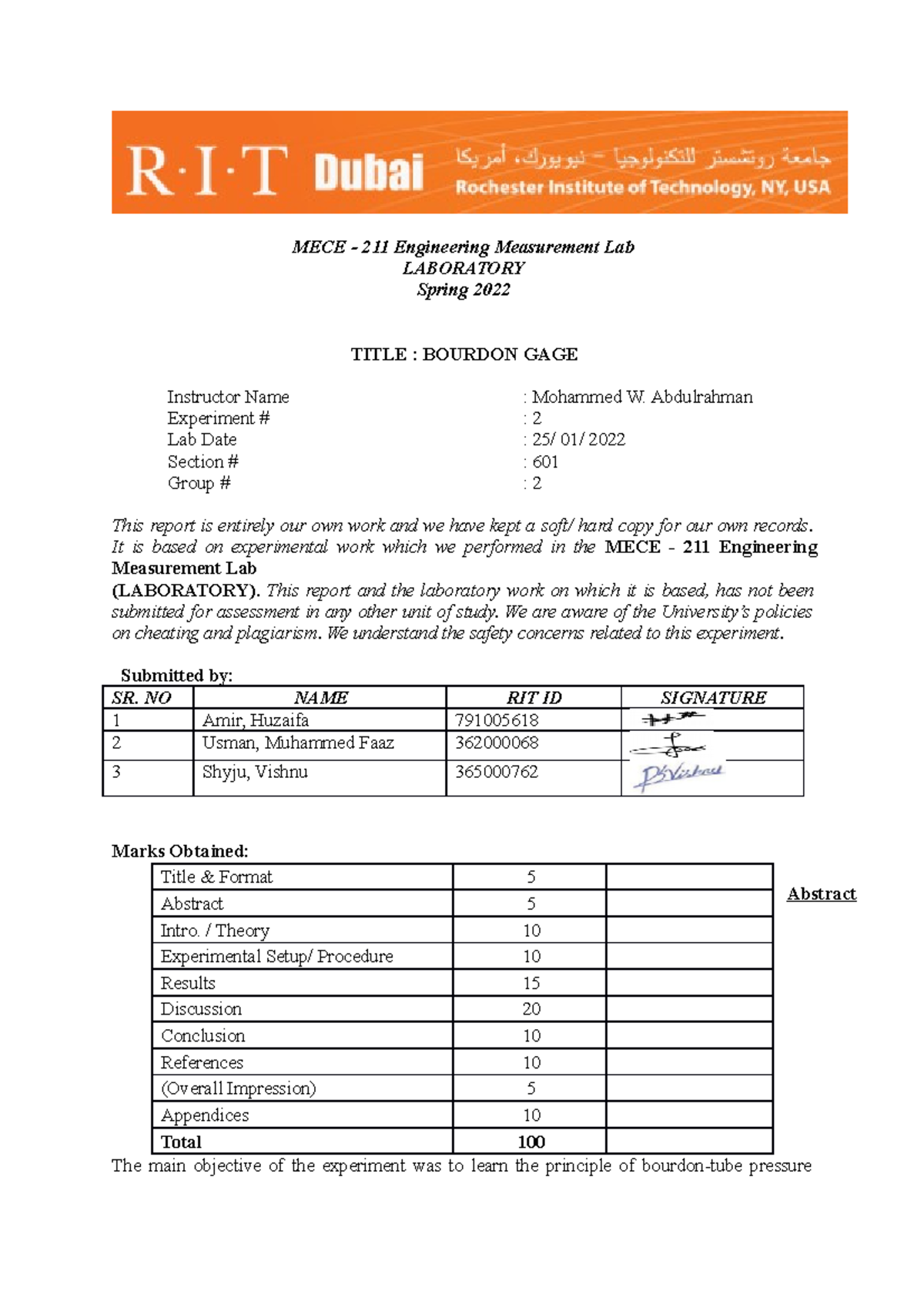EngineeringMeasurements Lab Report2 Bourdon gauge MECE 211