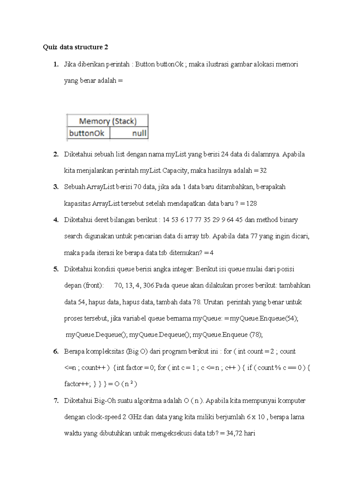 Catatan data structure quiz 2 - Quiz data structure 2 1. Jika diberikan ...