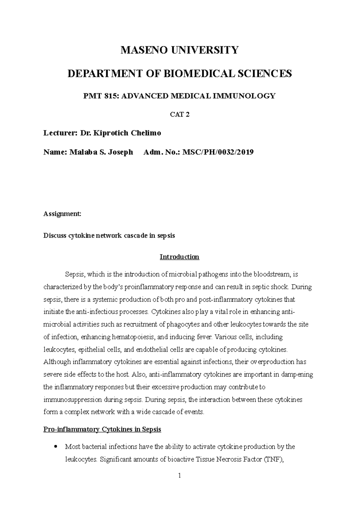 Cytokine cascade in sepsis - MASENO UNIVERSITY DEPARTMENT OF BIOMEDICAL ...