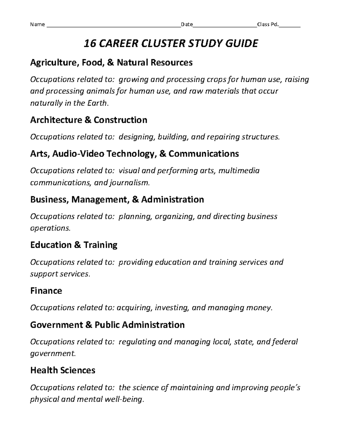 Career+Clusters+and+definitions+2021-22+ Study+ Guide - Name - Studocu