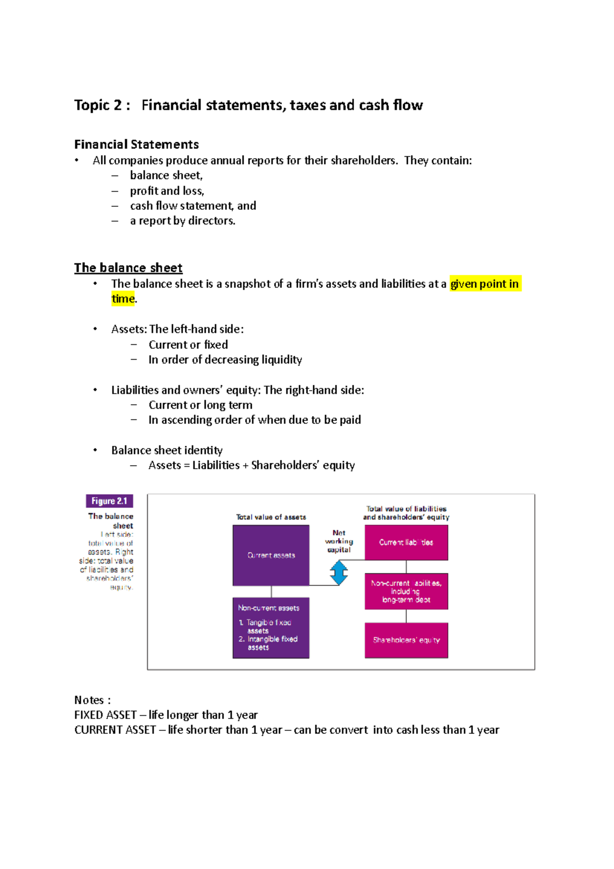 Finance topic 2 notes - Topic 2 : Financial statements, taxes and cash ...