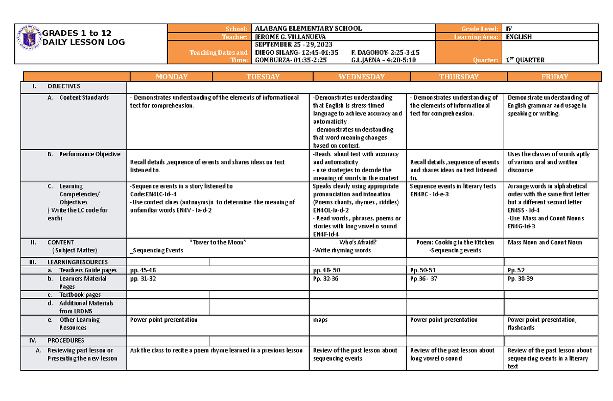 DLL English 4 Q1 W4 - daily lesson log for teachers - GRADES 1 to 12 ...