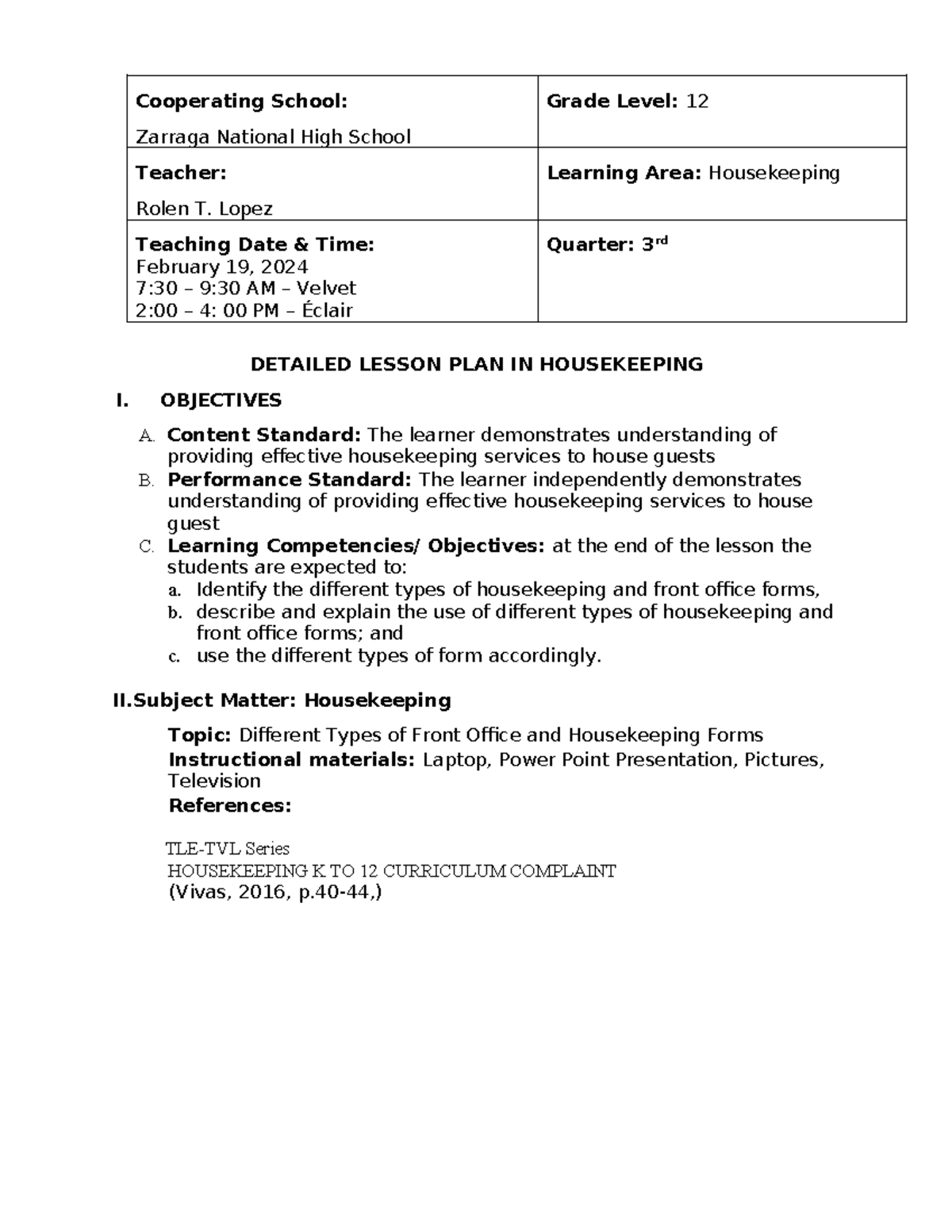 Lesson Plan #3 front office forms - Cooperating School: Zarraga ...