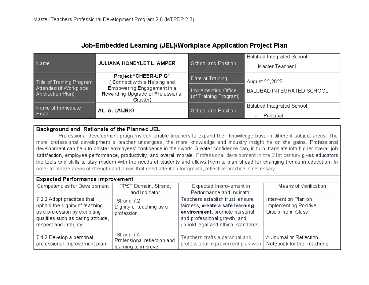 JEL-Plan Juliana Honeylet L. Amper-MT I - Job-Embedded Learning (JEL ...