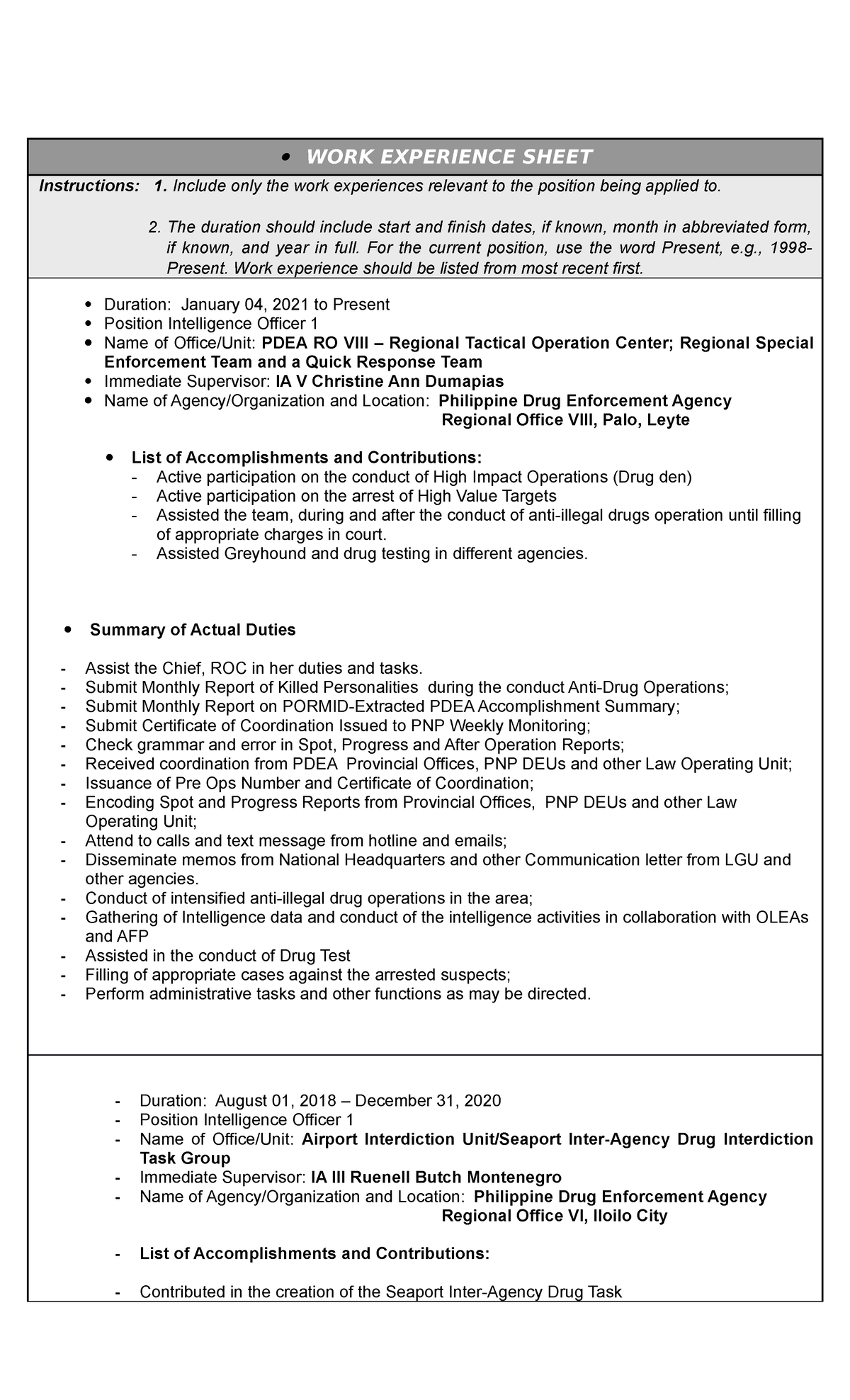 Work Experience Sheet Guide