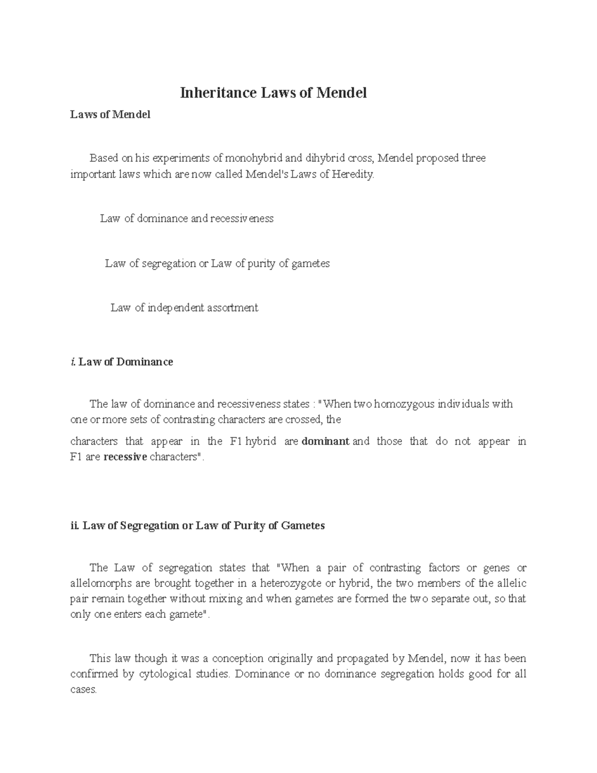 Inheritance Laws of Mendel - Law of dominance and recessiveness Law of ...