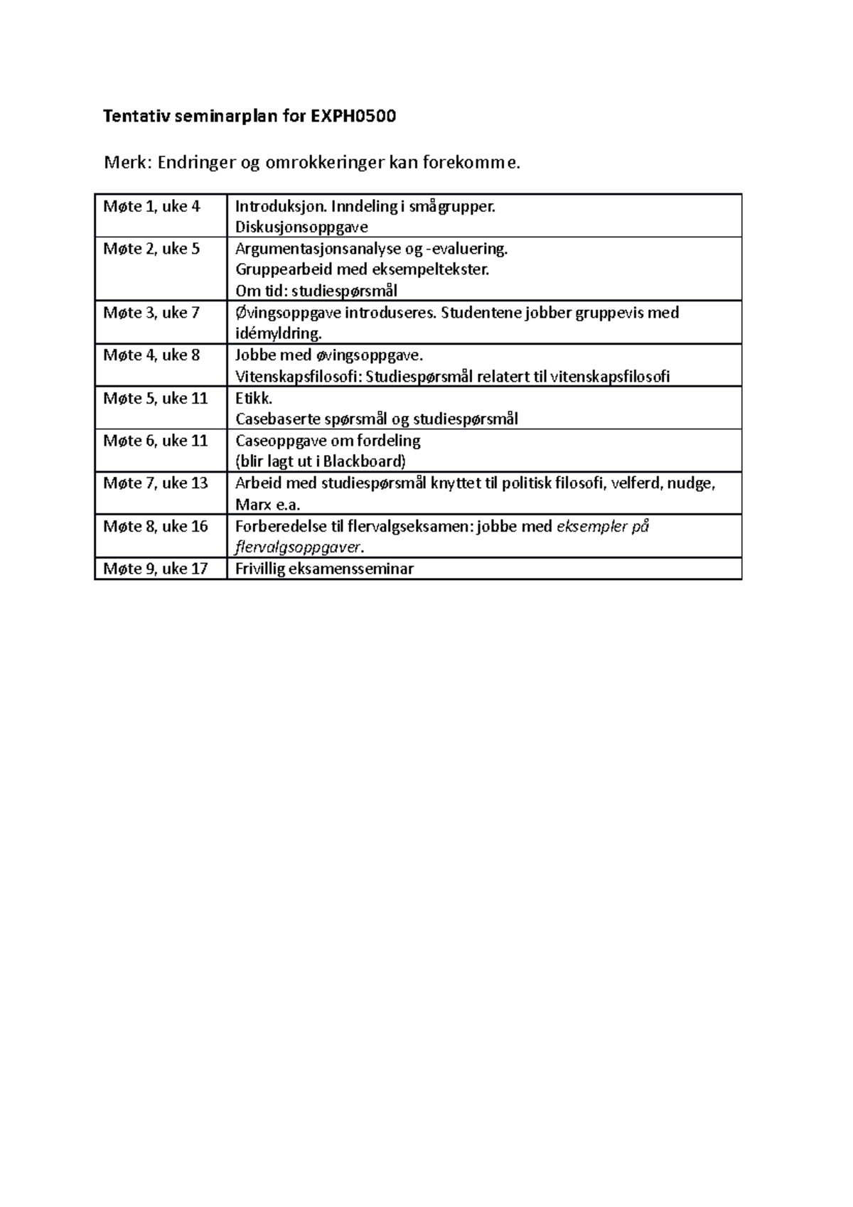 Seminarplan EXPH0500 - Plan - Tentativ Seminarplan For EXPH Merk ...