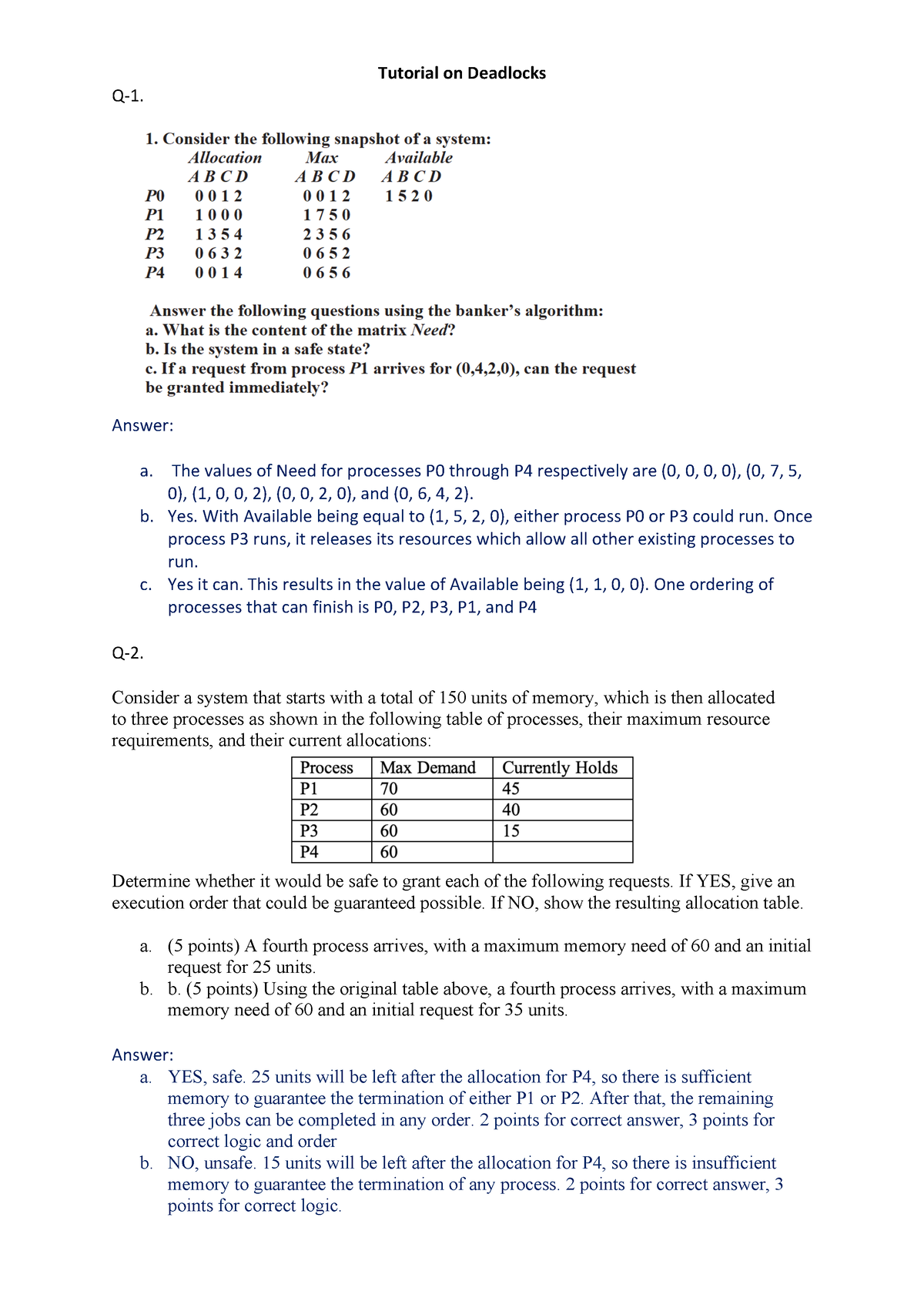 Tutorial - Deadlocks - Tutorial On Deadlocks Q-1. Answer: A. The Values ...