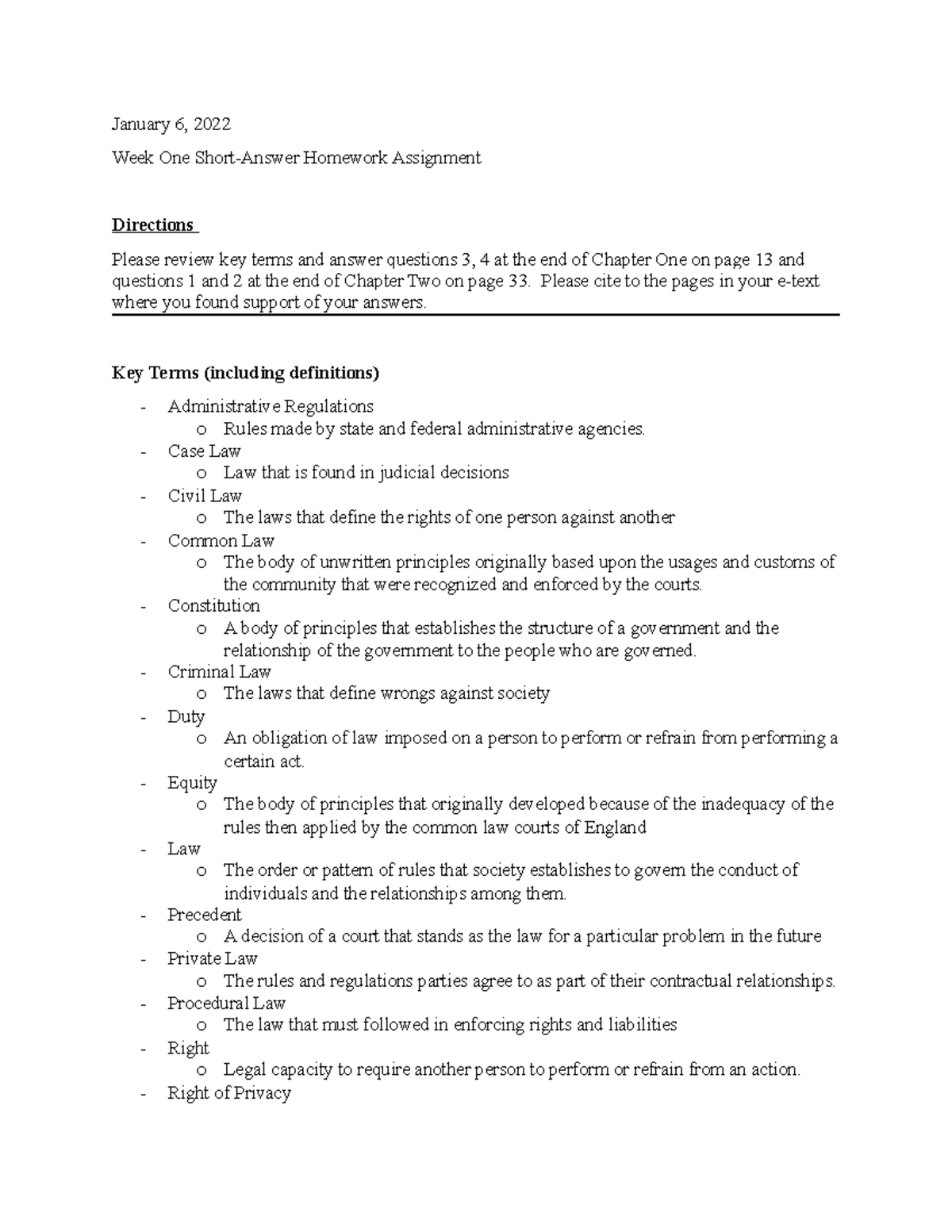 Week One Short Answer Homework Assignment - January 6, 2022 Week One ...