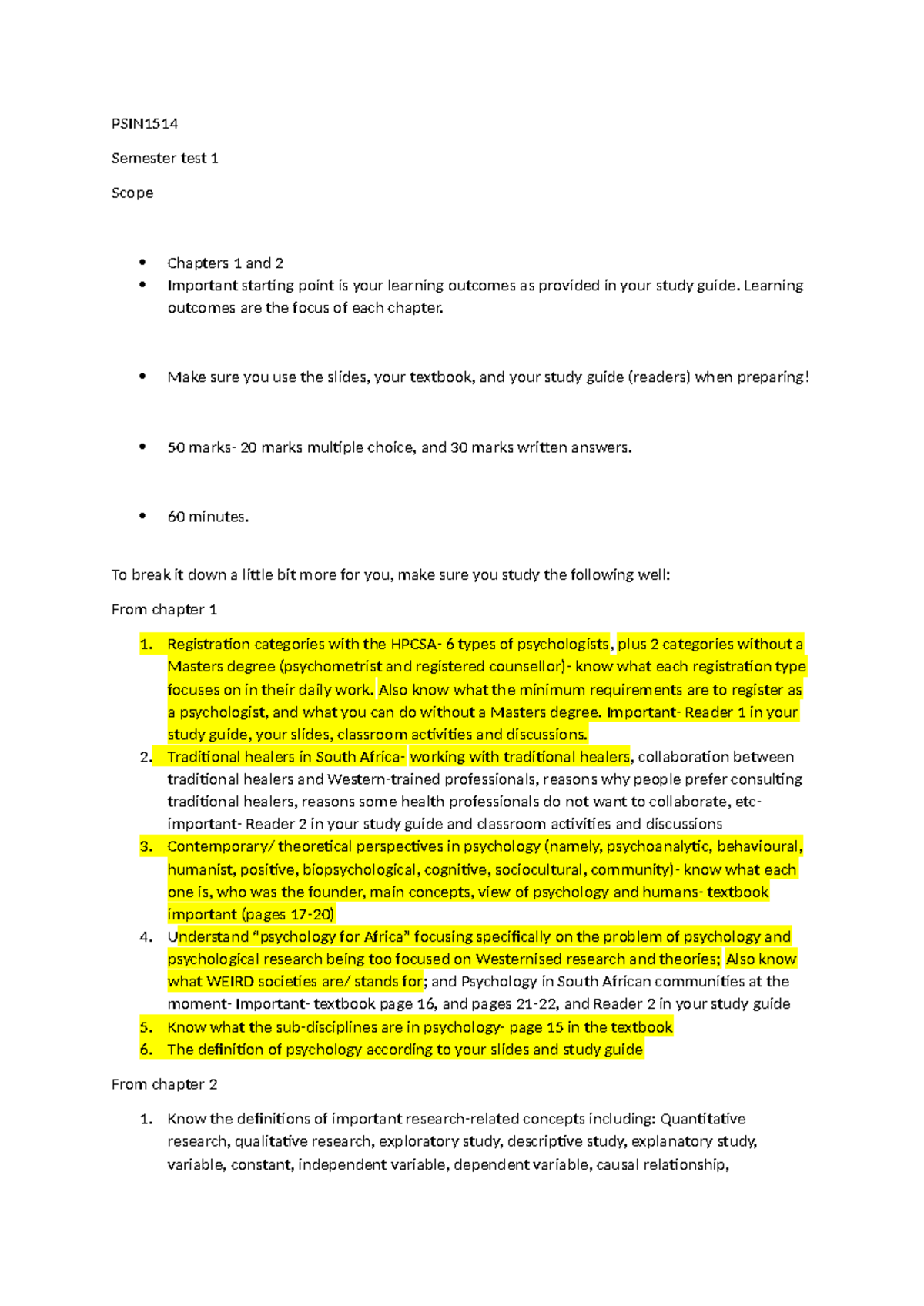 PSIN1514 scope for semester test 1 - PSIN Semester test 1 Scope ...