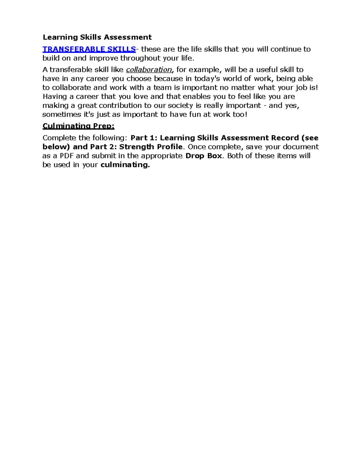 Learning Skills Assessment Record and My Strength Profile - Learning ...