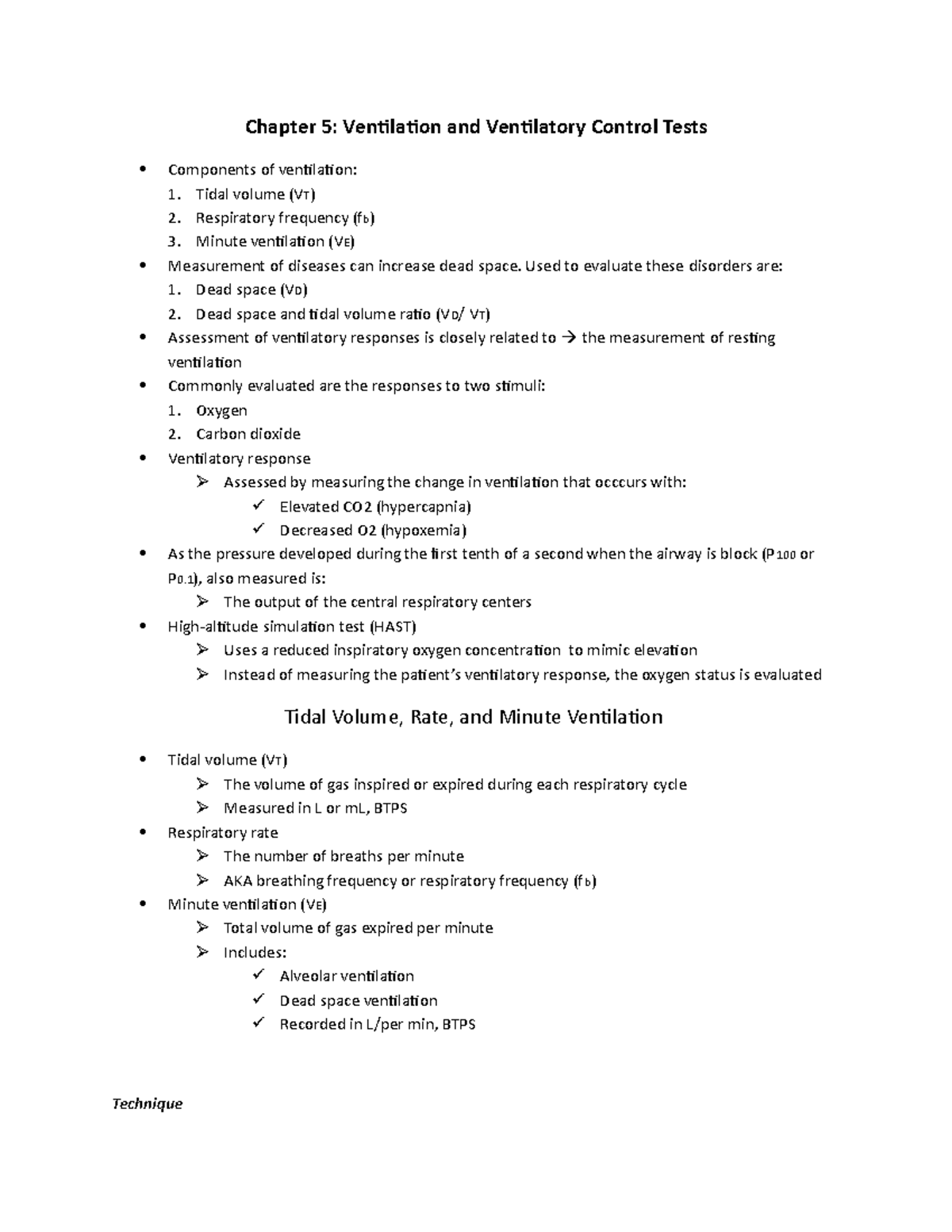 Ventilation and Ventilatory Control Tests - Tidal volume (VT) 2 ...