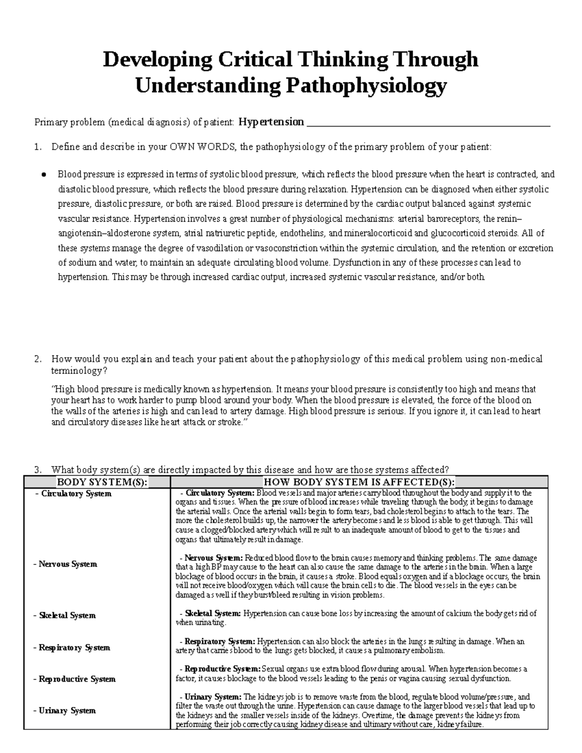 developing critical thinking through understanding pathophysiology hypertension