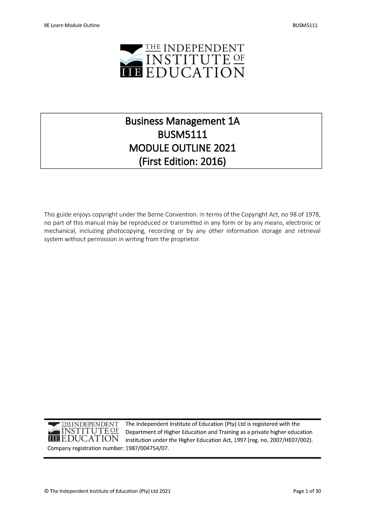 Business Management Module Outline (rosebank College) - Business ...