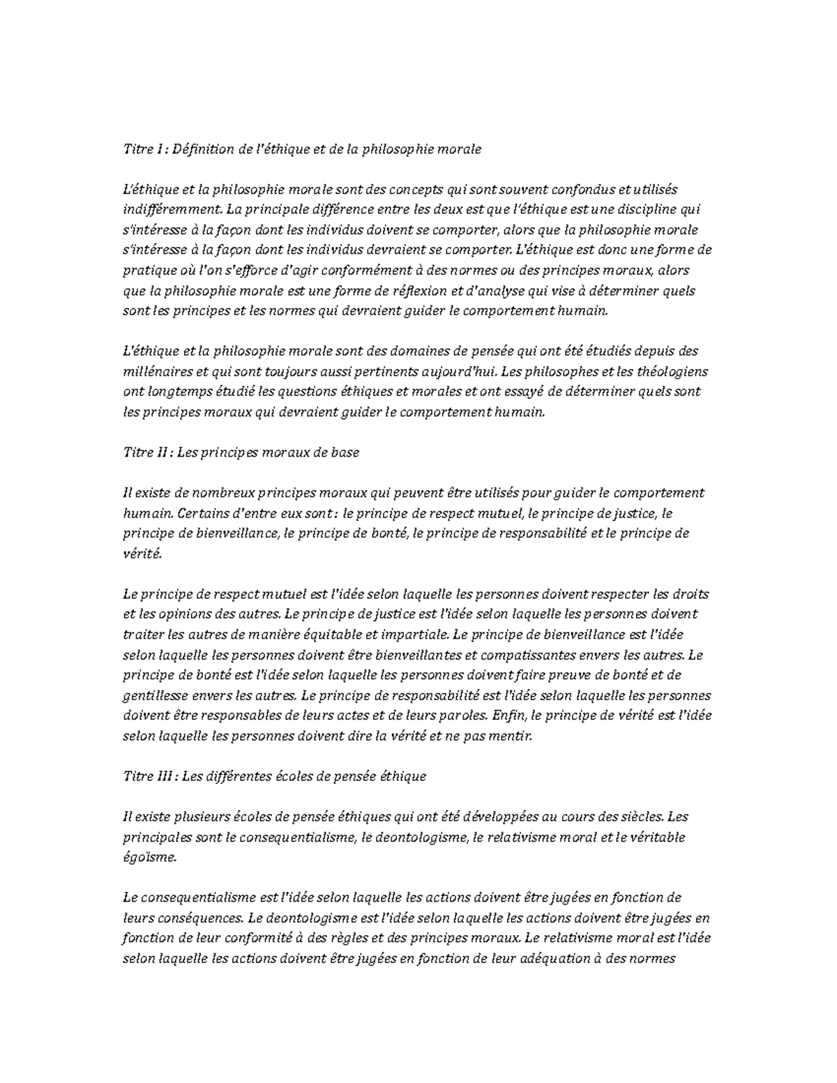 Ethics and Moral Philosophy Study Notes Titre I Définition de l