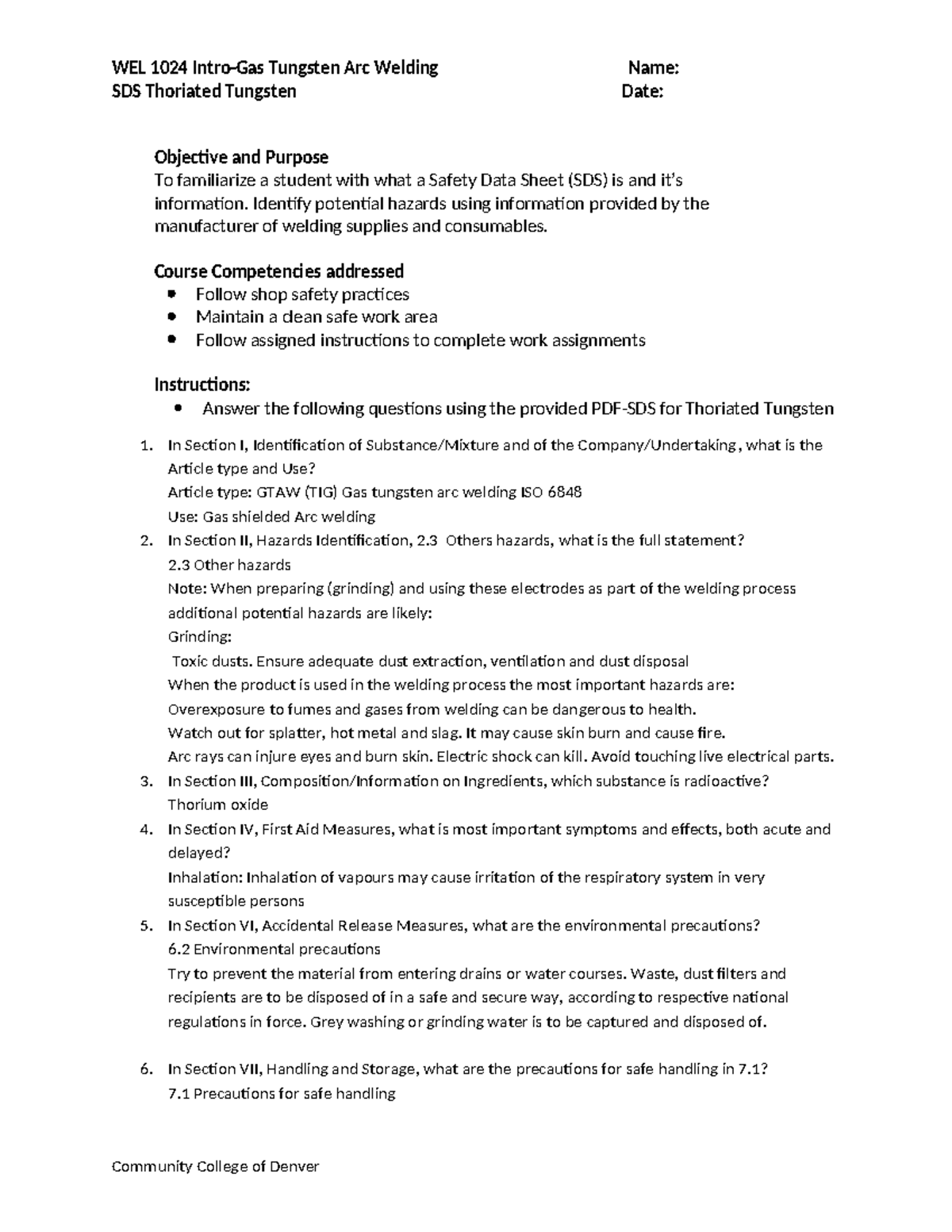 1024 SDS Assignment for Thoriated Tungsten WEL 1024 IntroGas
