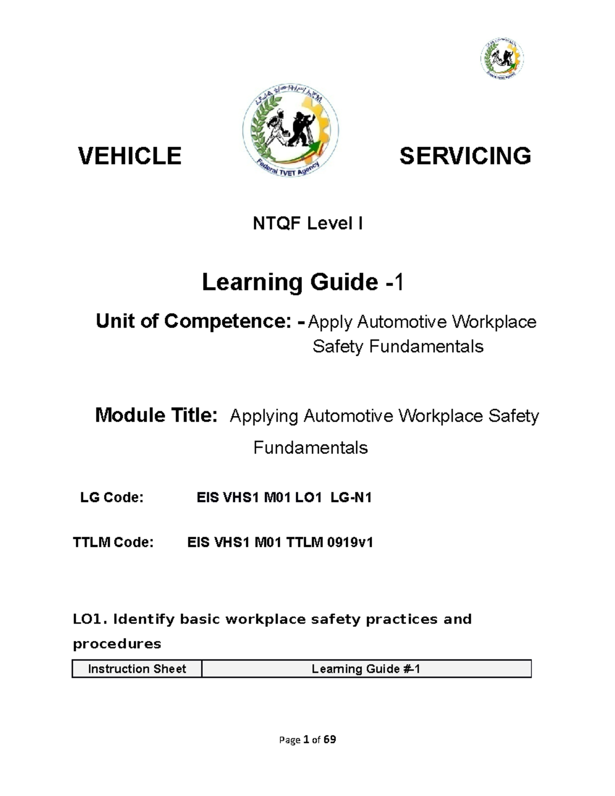 Apply Automotive Workplace Safety Fundamentals VEHICLE SERVICING NTQF