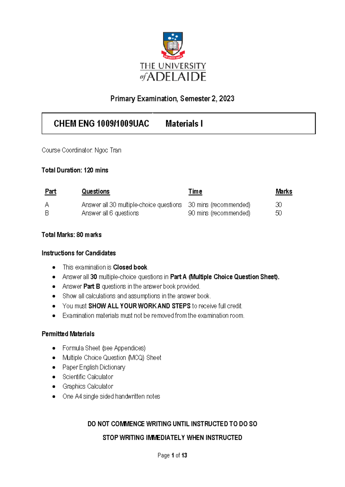 CHEM ENG1009-2023 Materials I - CHEM ENG 1009 Cover Page Template ...