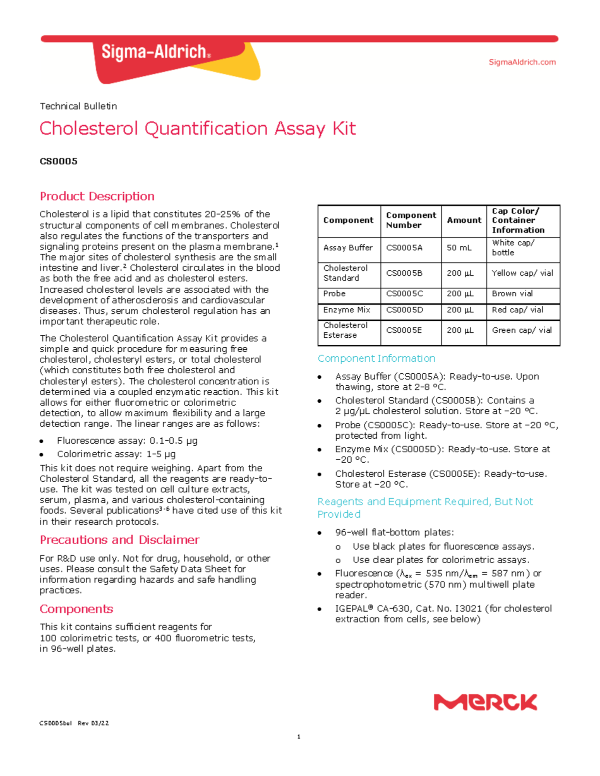 Cholesterol Quantification Assay Kit CS000 5 bul Rev 03 / Technical