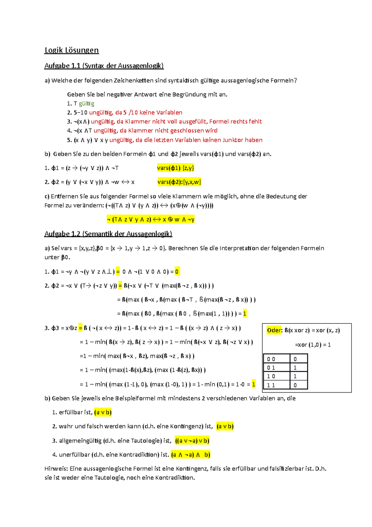 Logik Übungsblatt 1 Mit Lösung - Logik Lösungen Aufgabe 1 (Syntax Der ...