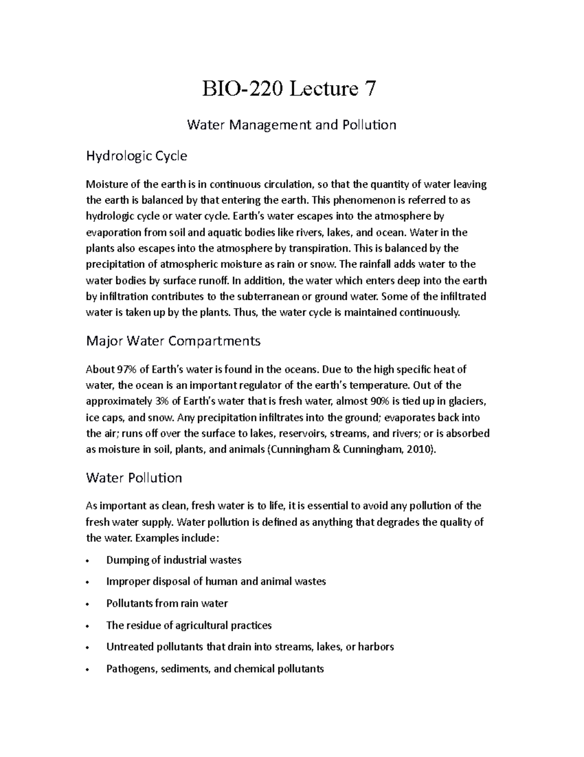 Topic 7 Lecture Notes Biology - BIO-220 Lecture 7 Water Management and ...