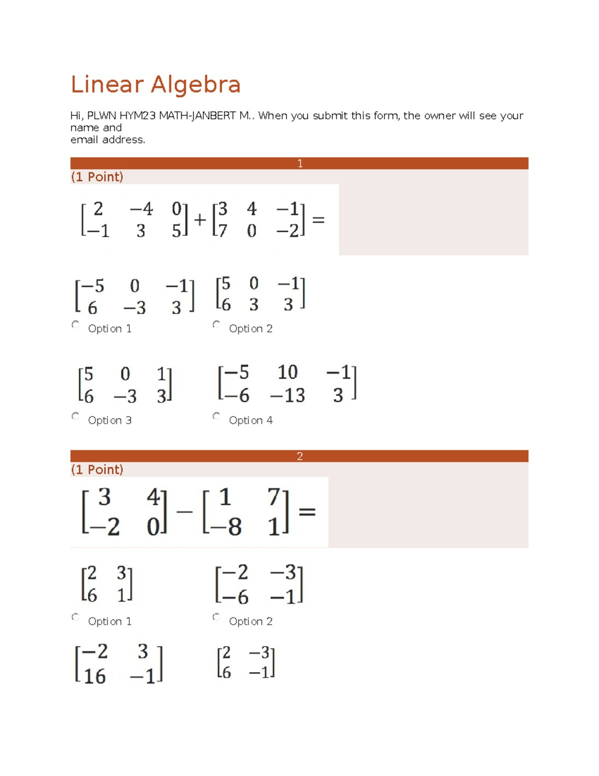 Linear Algebra Sample drills Linear Algebra Hi, PLWN HYM23 MATH