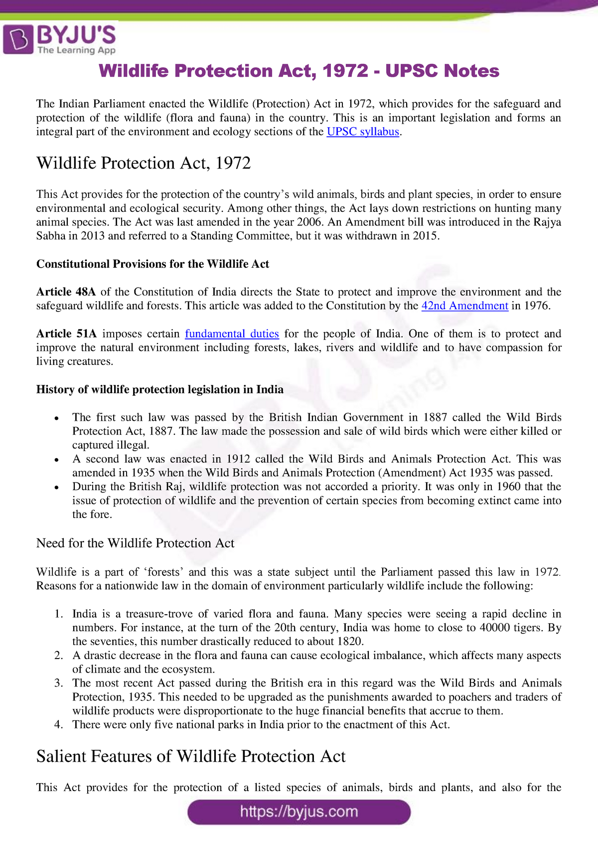 Wildlife Protection Act 1972 UPSC - This is an important legislation and  forms an integral part of - Studocu