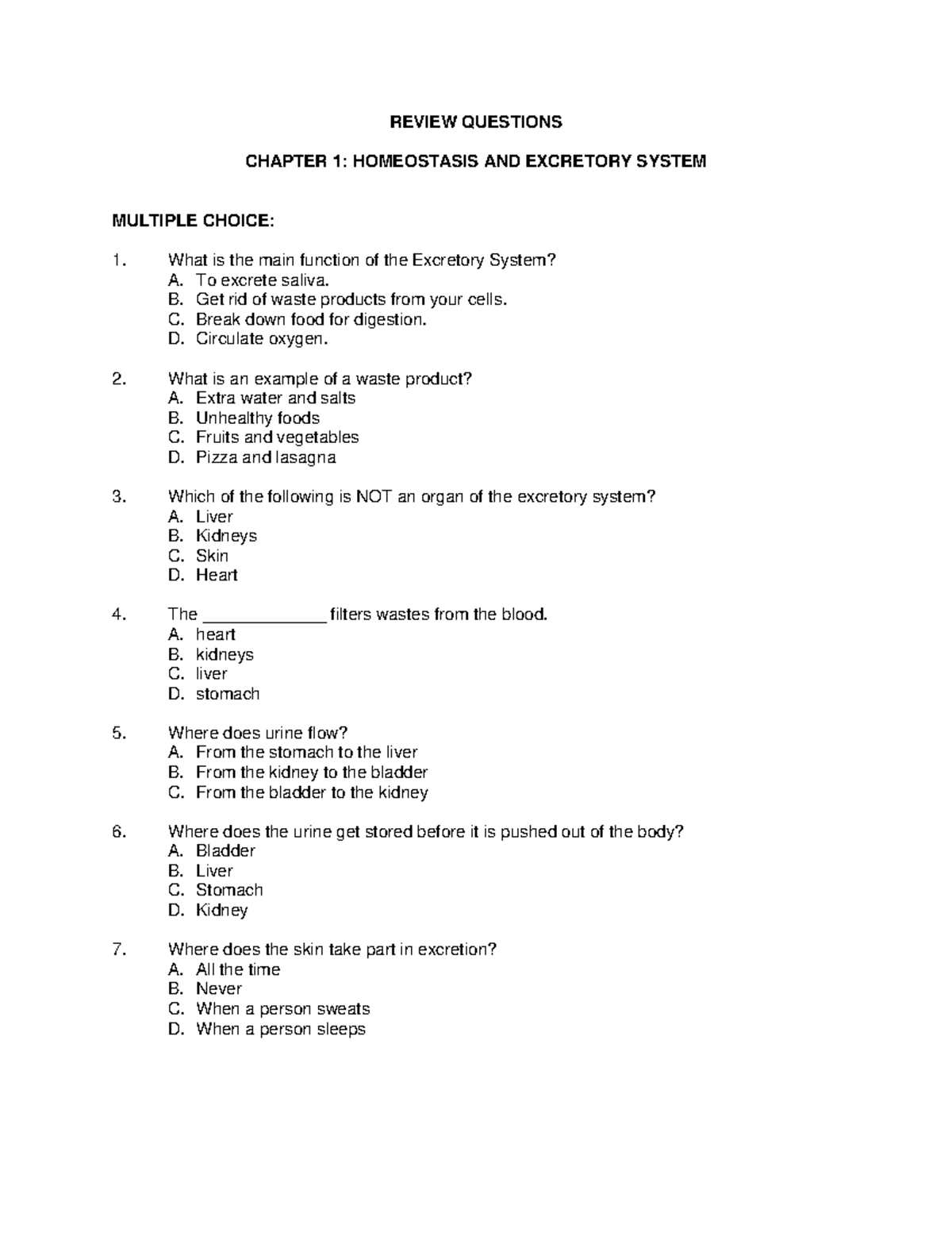 Chapter 1 Review Questions REVIEW QUESTIONS CHAPTER 1 HOMEOSTASIS