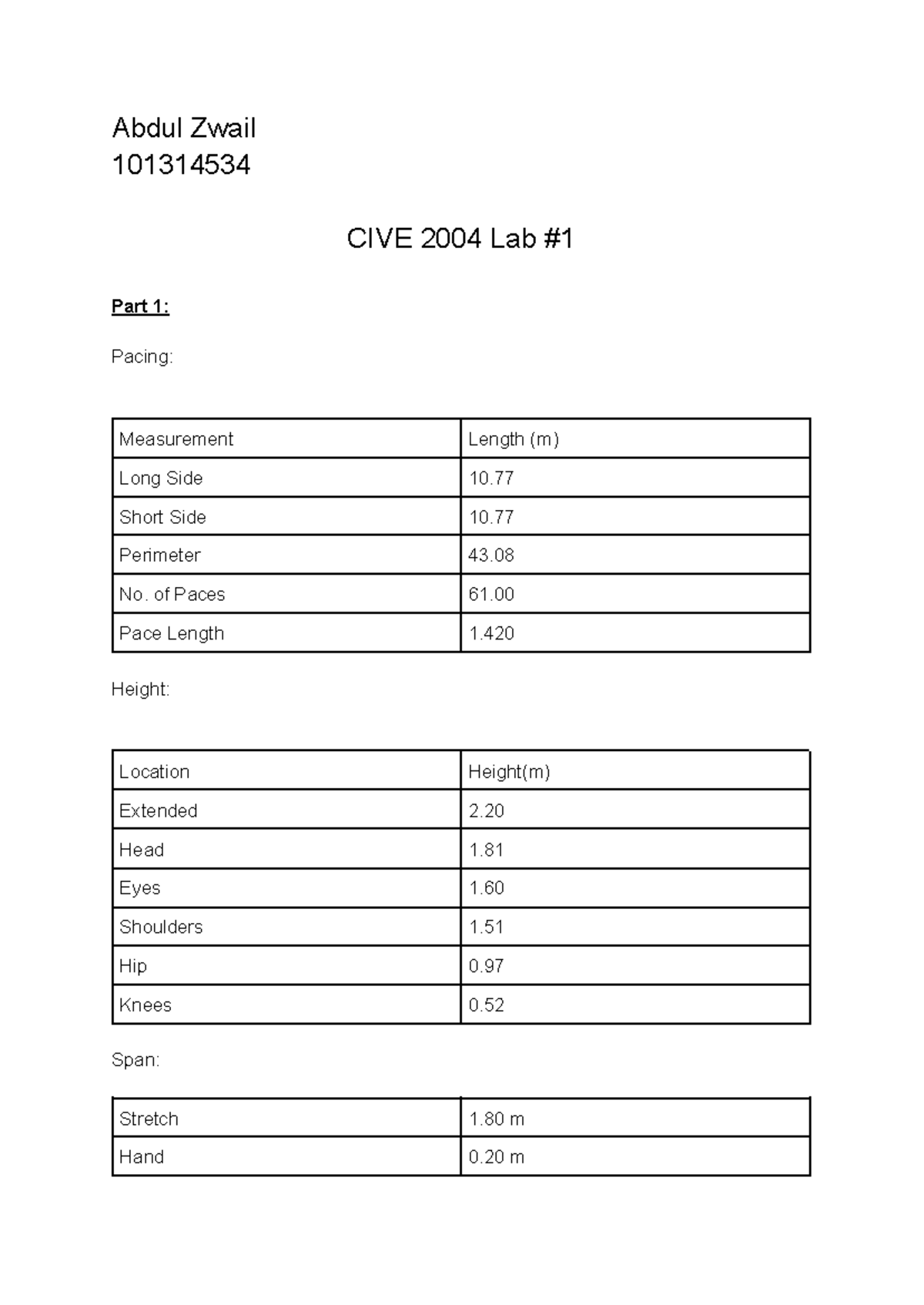 Lab #1 - lab - Abdul Zwail 101314534 CIVE 2004 Lab Part 1: Pacing ...