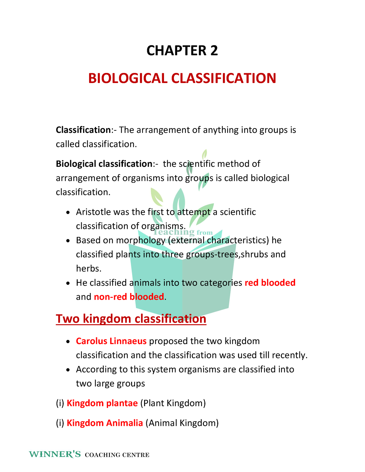 Akhil Biology chapter 2 (+1) - CHAPTER 2 BIOLOGICAL CLASSIFICATION  Classification:- The arrangement - Studocu