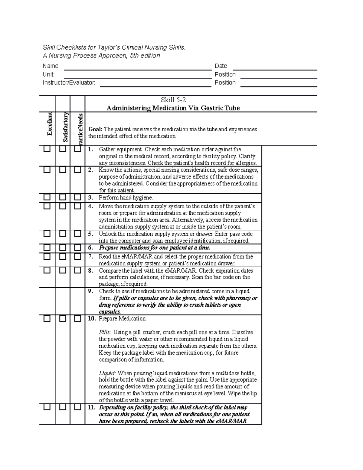 Skill Checklist NGT Med Administration Skill Checklists for Taylor