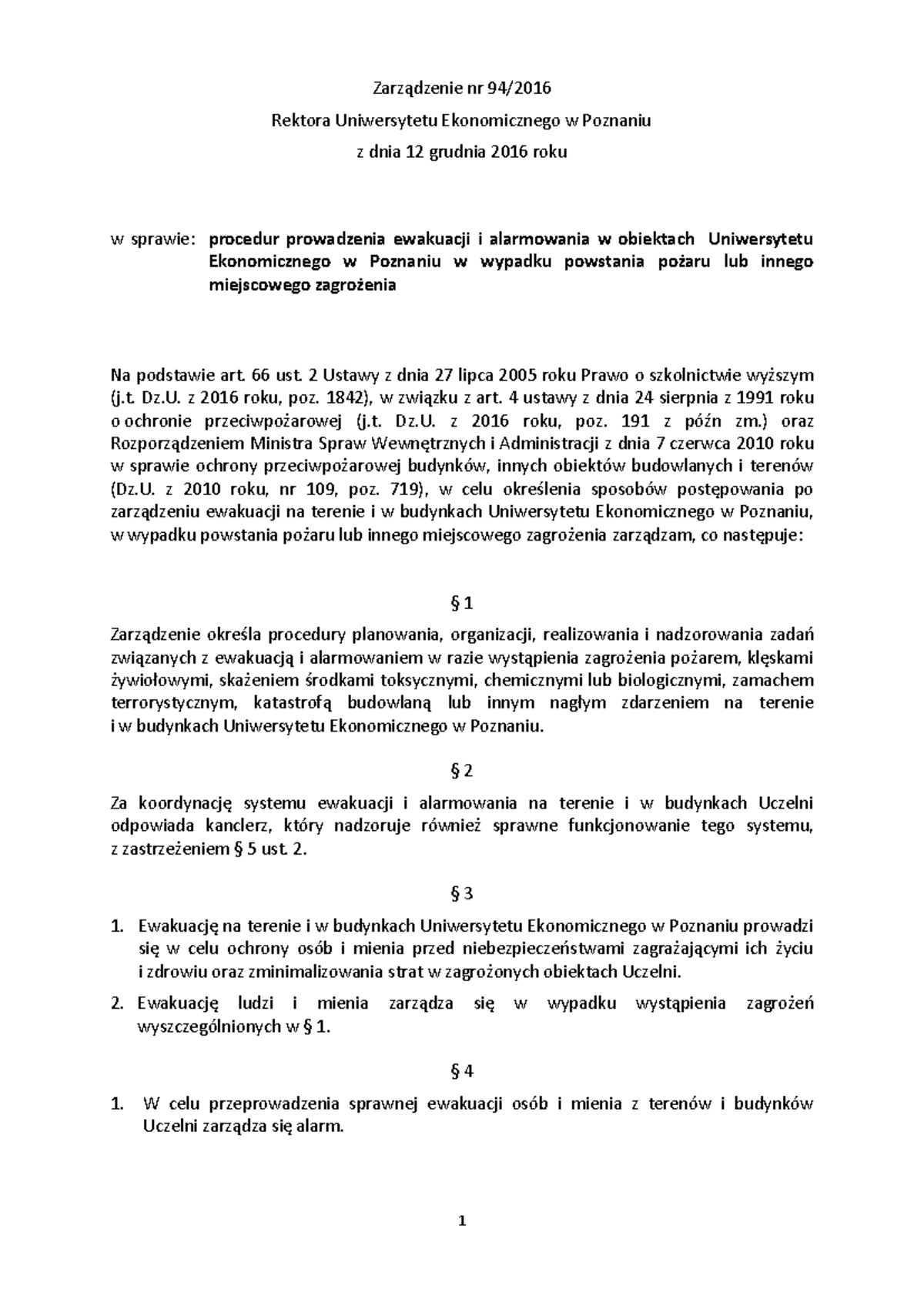 Zarzadzenie rektora nr 94 2016 ewakuacja i alarmowanie - Zarządzenie nr