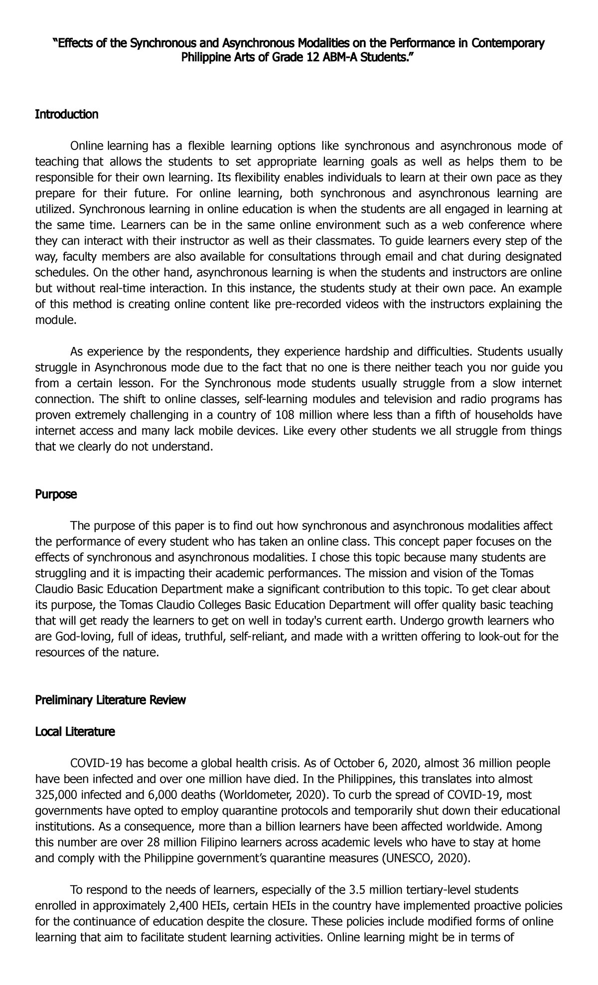 Concept Paper - “Effects of the Synchronous and Asynchronous Modalities ...