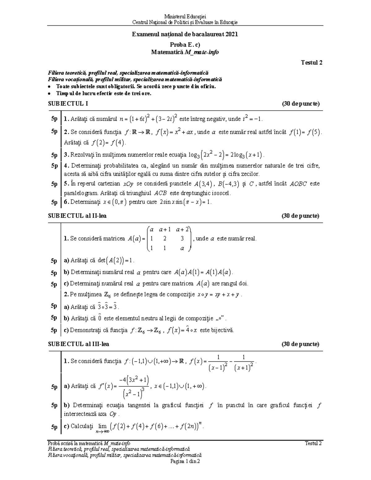 E c matematica M mateinfo 2021 Test 02 Ministerul Educației Centrul Național de Politici și
