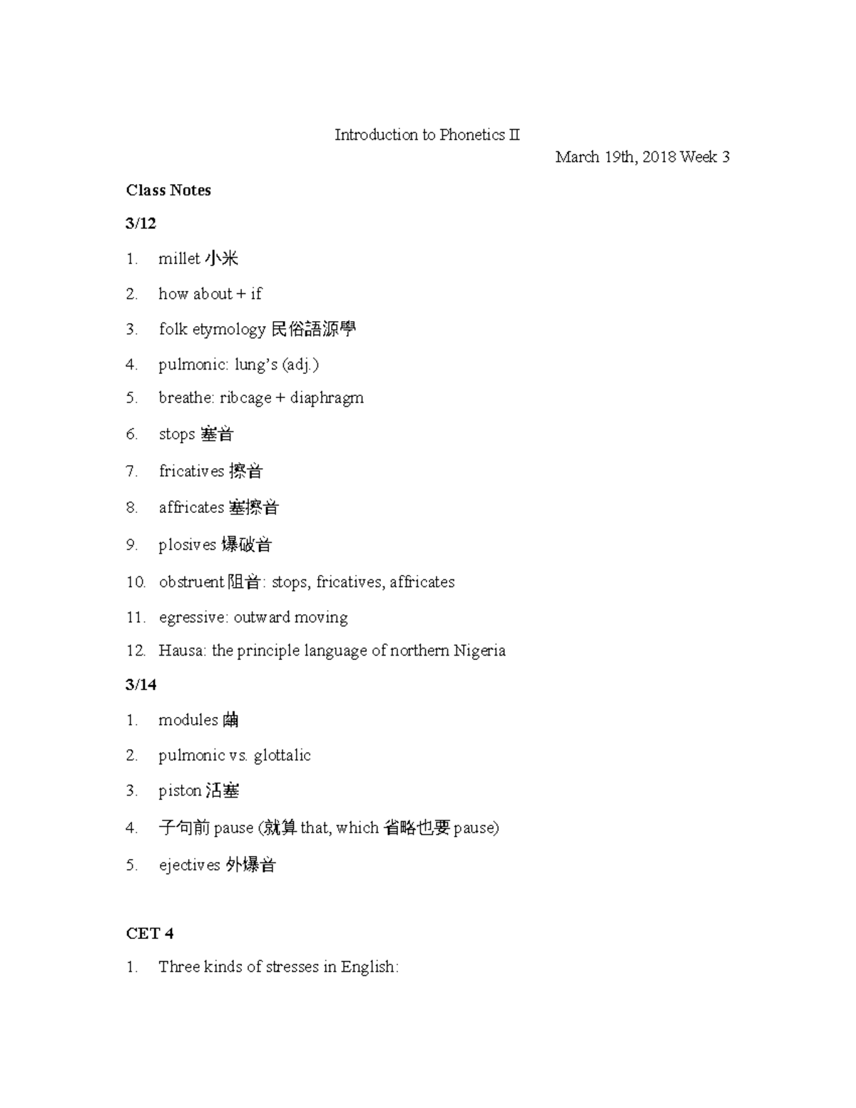 N IP notes week3 - Introduction to Phonetics II March 19th, 2018 Week 3 ...