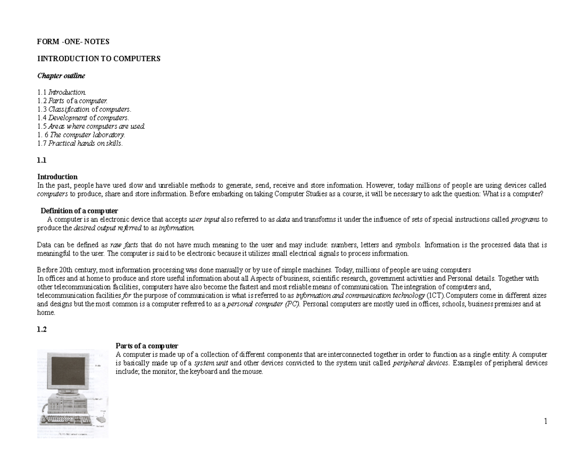Computer notes form 1 2 booklet form one notes iintroduction to